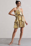 Alecia Metallic Gold Halter-Neck Ruffle Mini Dress