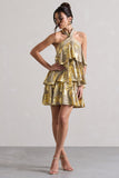 Alecia Metallic Gold Halter-Neck Ruffle Mini Dress