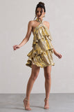 Alecia Metallic Gold Halter-Neck Ruffle Mini Dress