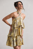 Alecia Metallic Gold Halter-Neck Ruffle Mini Dress