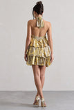 Alecia Metallic Gold Halter-Neck Ruffle Mini Dress