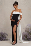 Legacy Black & White Bardot Split Maternity Maxi Dress With Drape