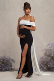 Legacy Black & White Bardot Split Maternity Maxi Dress With Drape