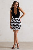 Serenade Black & White Plunge Halter-Neck Mini Dress With Flowers