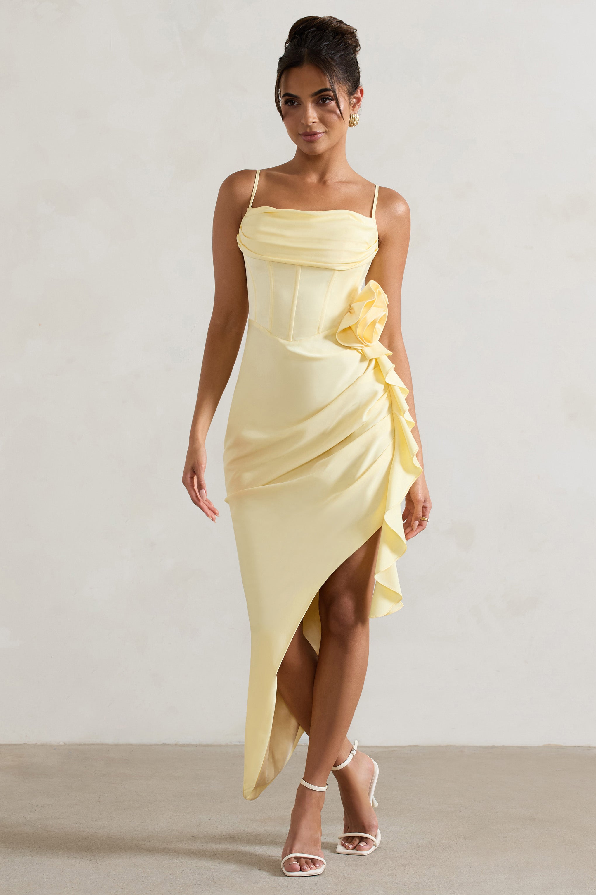 On The List Lemon Asymmetric Corset Maxi Dress With Floral Drape