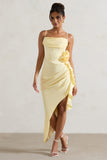 On The List Lemon Asymmetric Corset Maxi Dress With Floral Drape