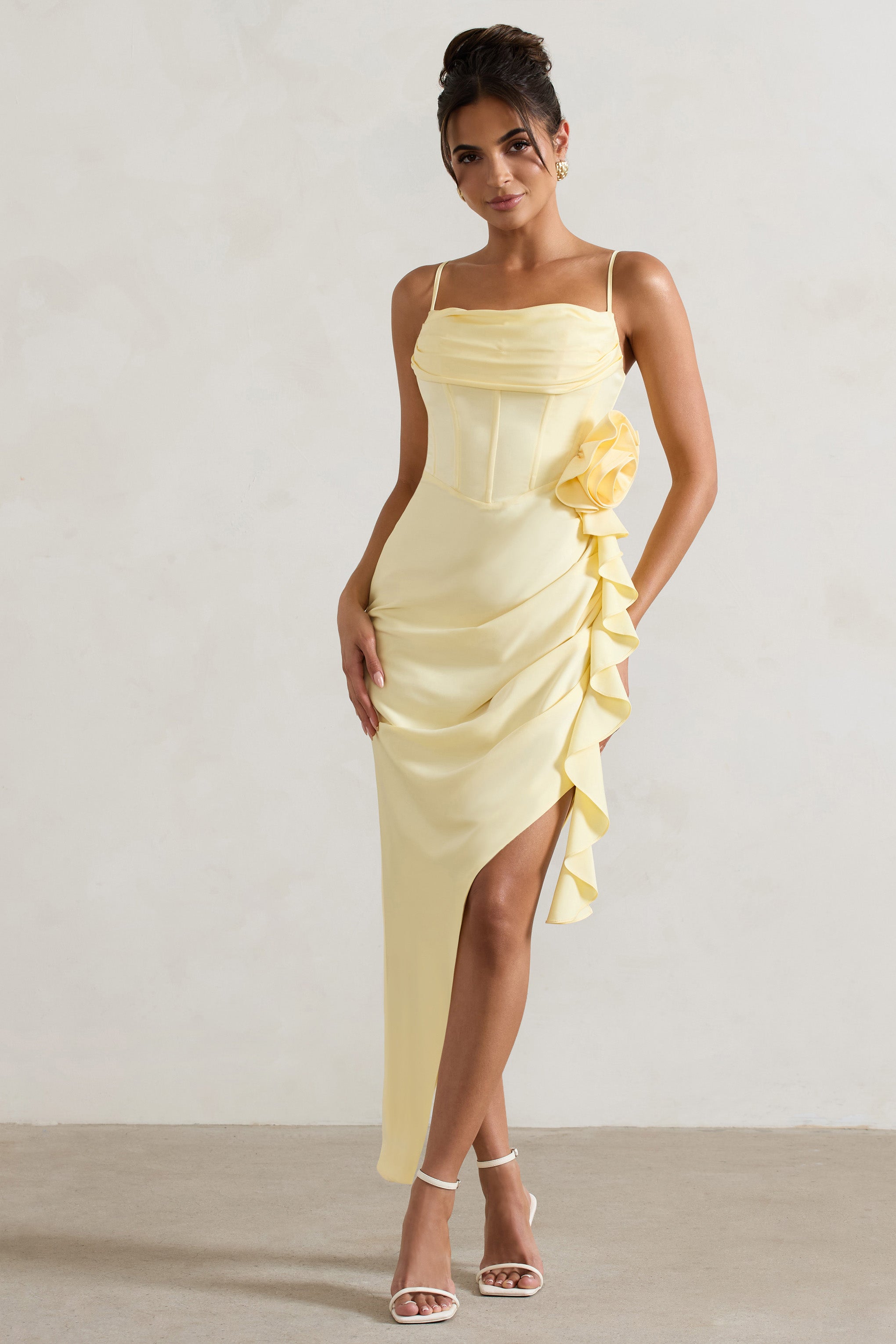 On The List Lemon Asymmetric Corset Maxi Dress With Floral Drape