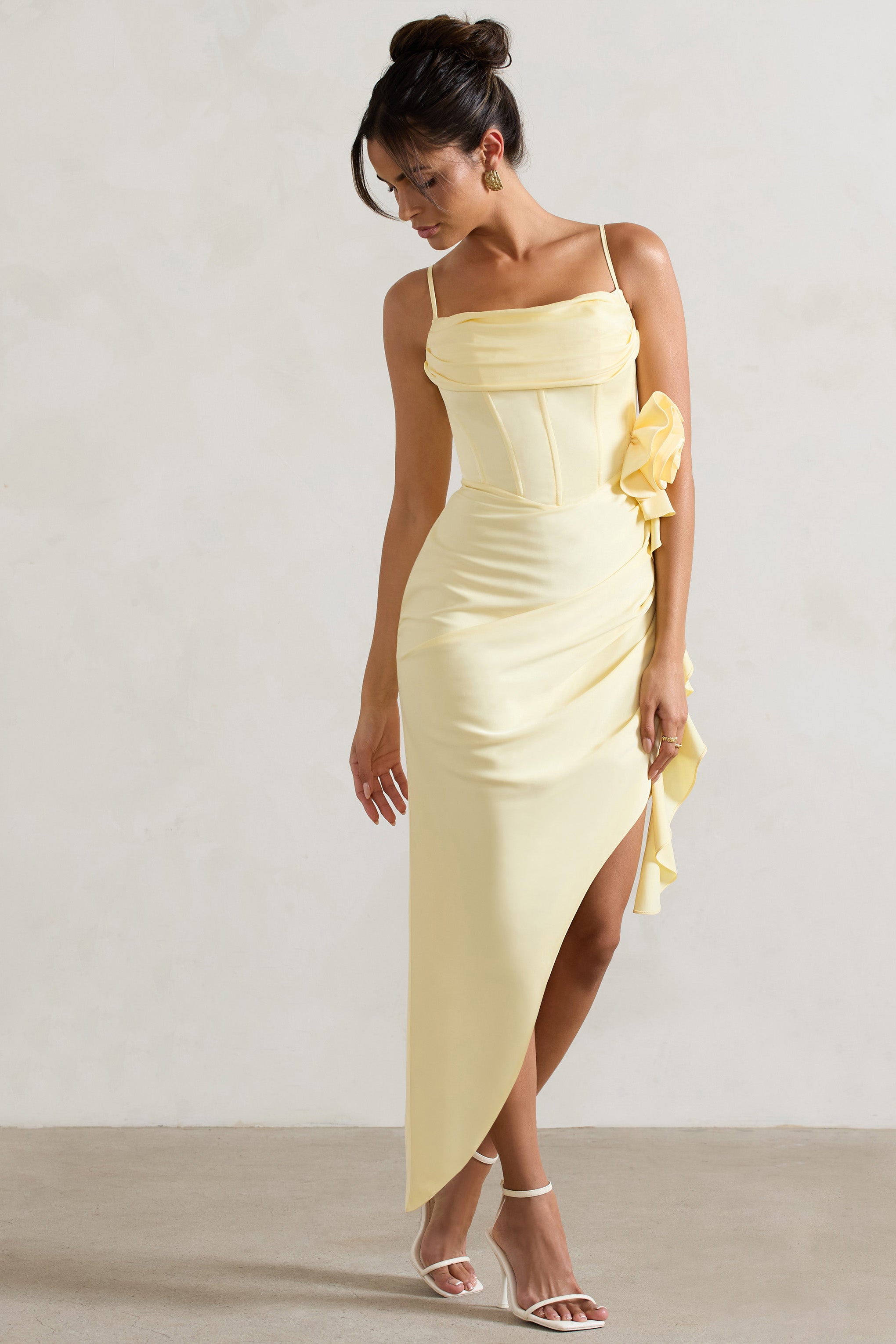 On The List Lemon Asymmetric Corset Maxi Dress With Floral Drape