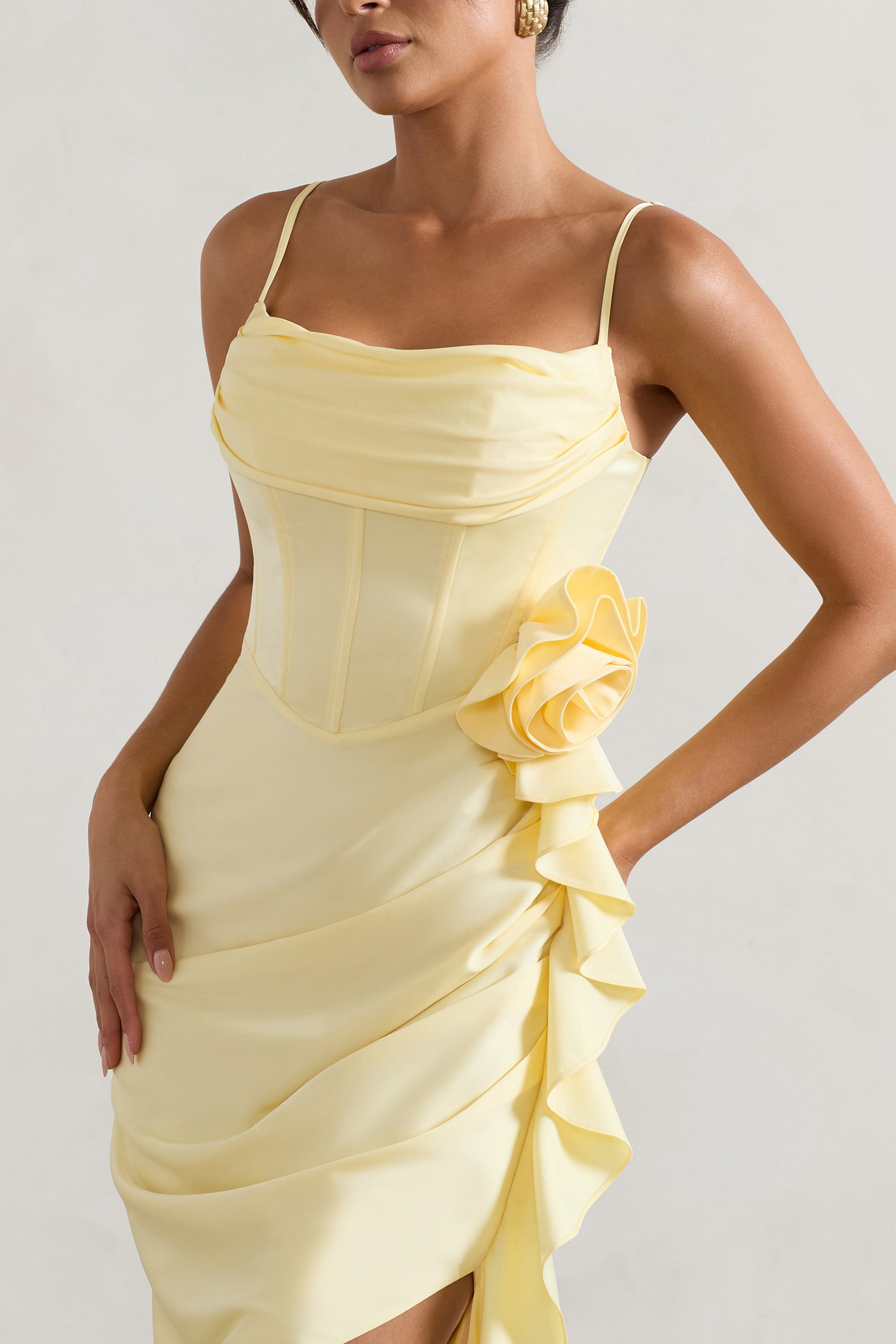 On The List Lemon Asymmetric Corset Maxi Dress With Floral Drape