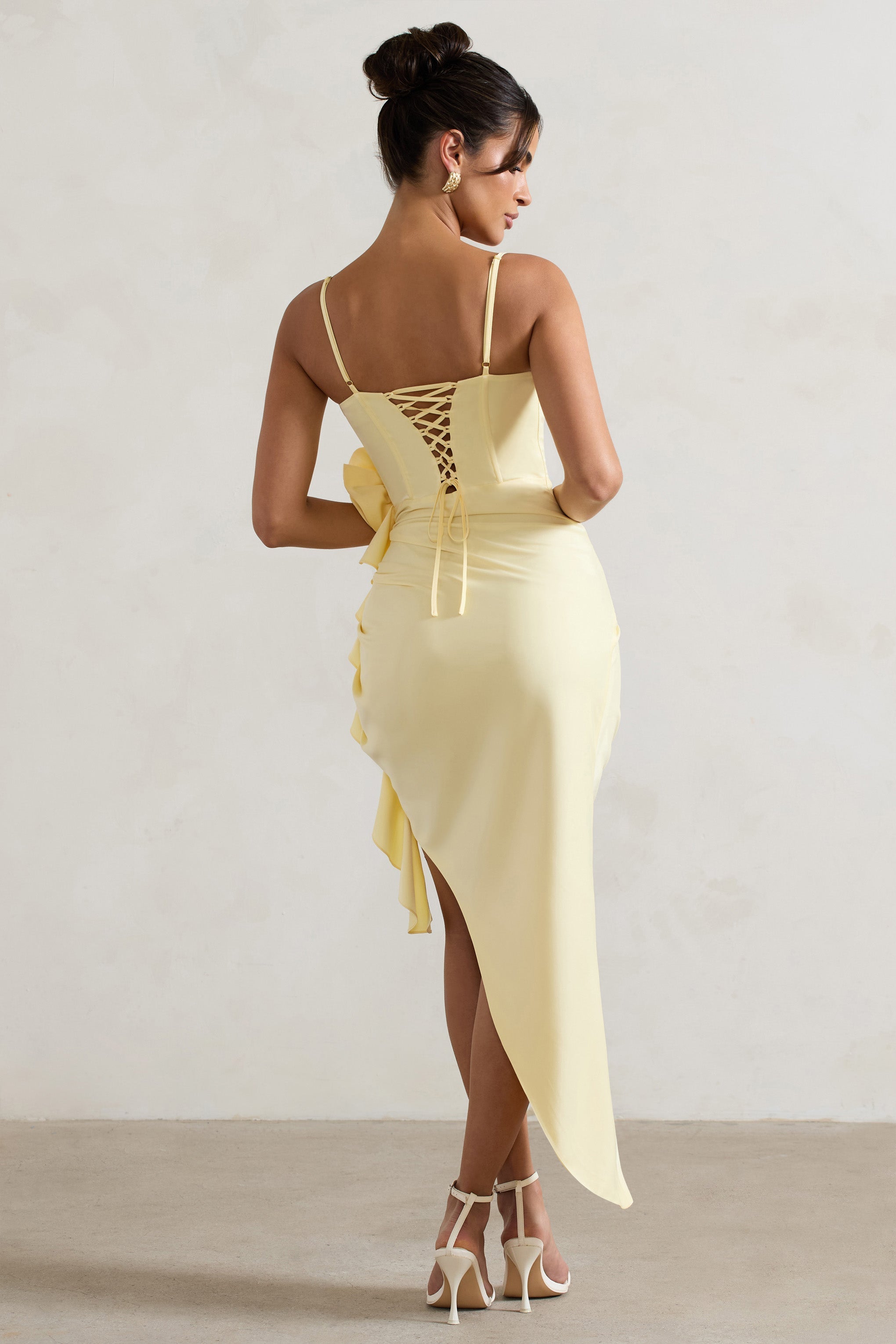 On The List Lemon Asymmetric Corset Maxi Dress With Floral Drape