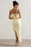 On The List Lemon Asymmetric Corset Maxi Dress With Floral Drape