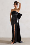 To You Black Sequin Bandeau Split Maxi Dress With Oversized Bow