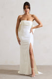To You White Sequin Bandeau Split Maxi Dress With Oversized Bow