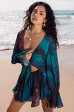 Rosalia Blue Print Plunge-Neck Long-Sleeve Gathered Playsuit