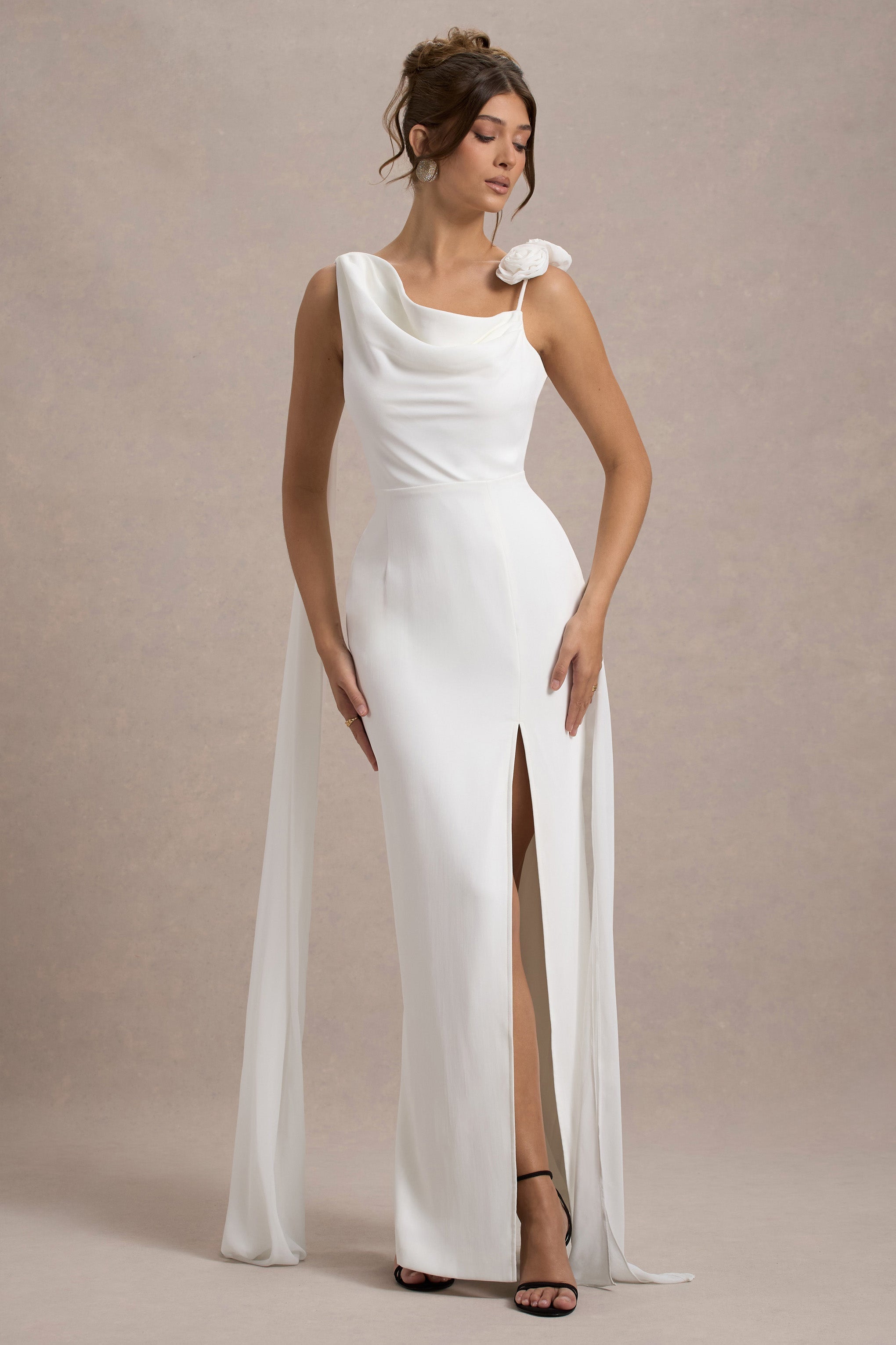 Angeline White Chiffon Draped Split Maxi Dress With Corsages