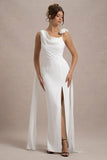 Angeline White Chiffon Draped Split Maxi Dress With Corsages
