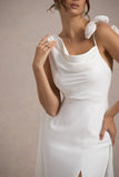 Angeline White Chiffon Draped Split Maxi Dress With Corsages