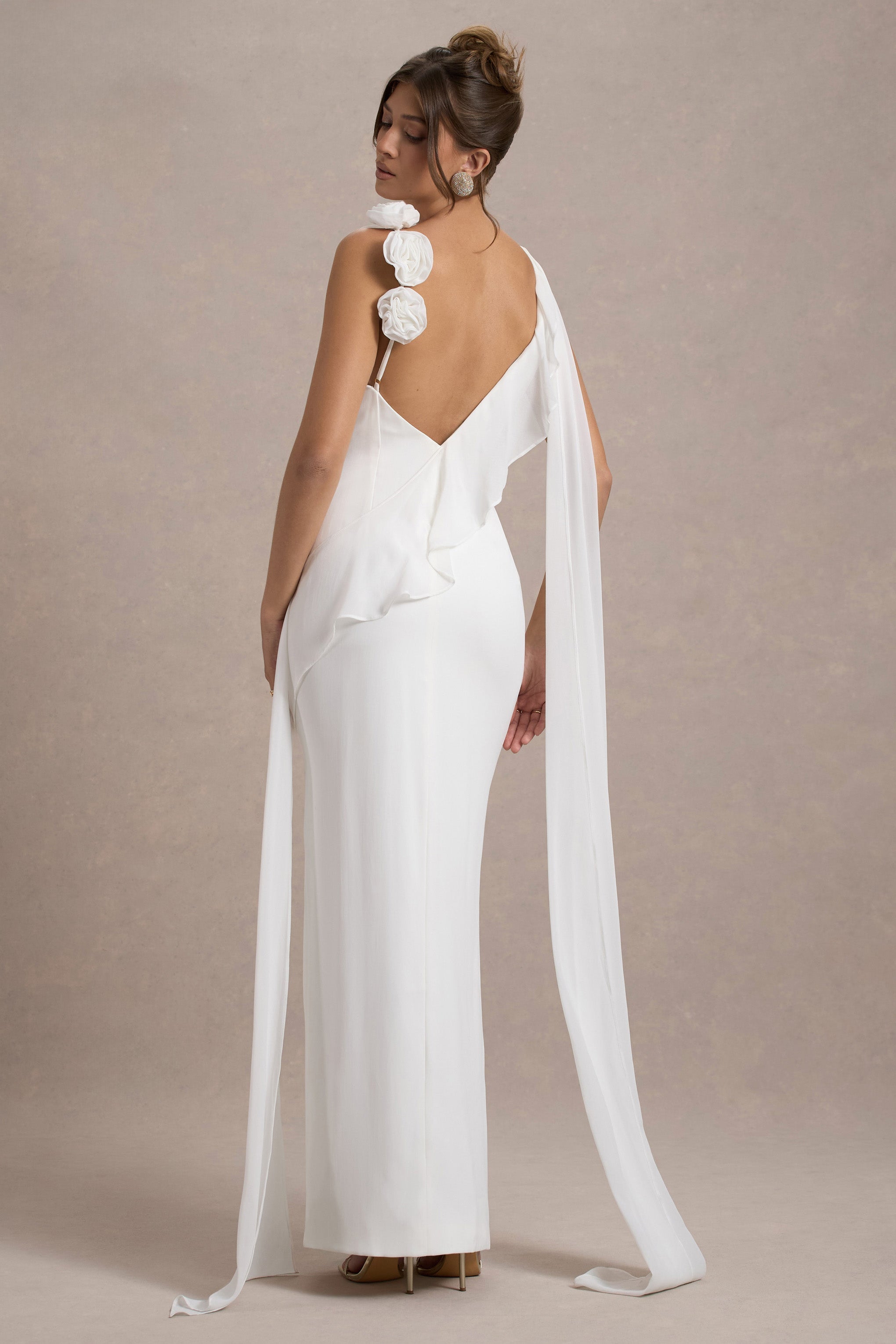 Angeline White Chiffon Draped Split Maxi Dress With Corsages