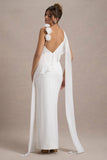 Angeline White Chiffon Draped Split Maxi Dress With Corsages