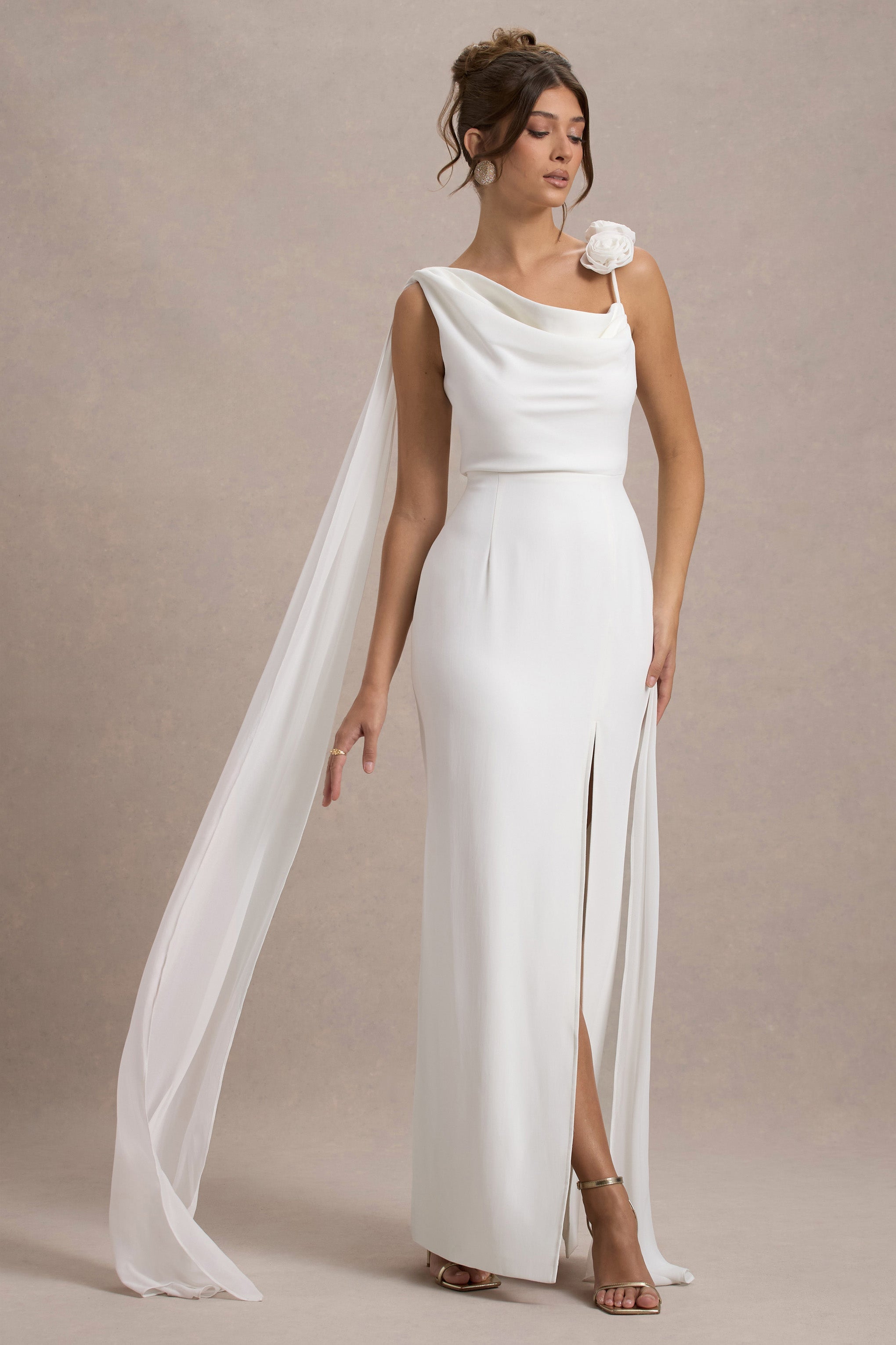 Angeline White Chiffon Draped Split Maxi Dress With Corsages