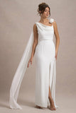 Angeline White Chiffon Draped Split Maxi Dress With Corsages