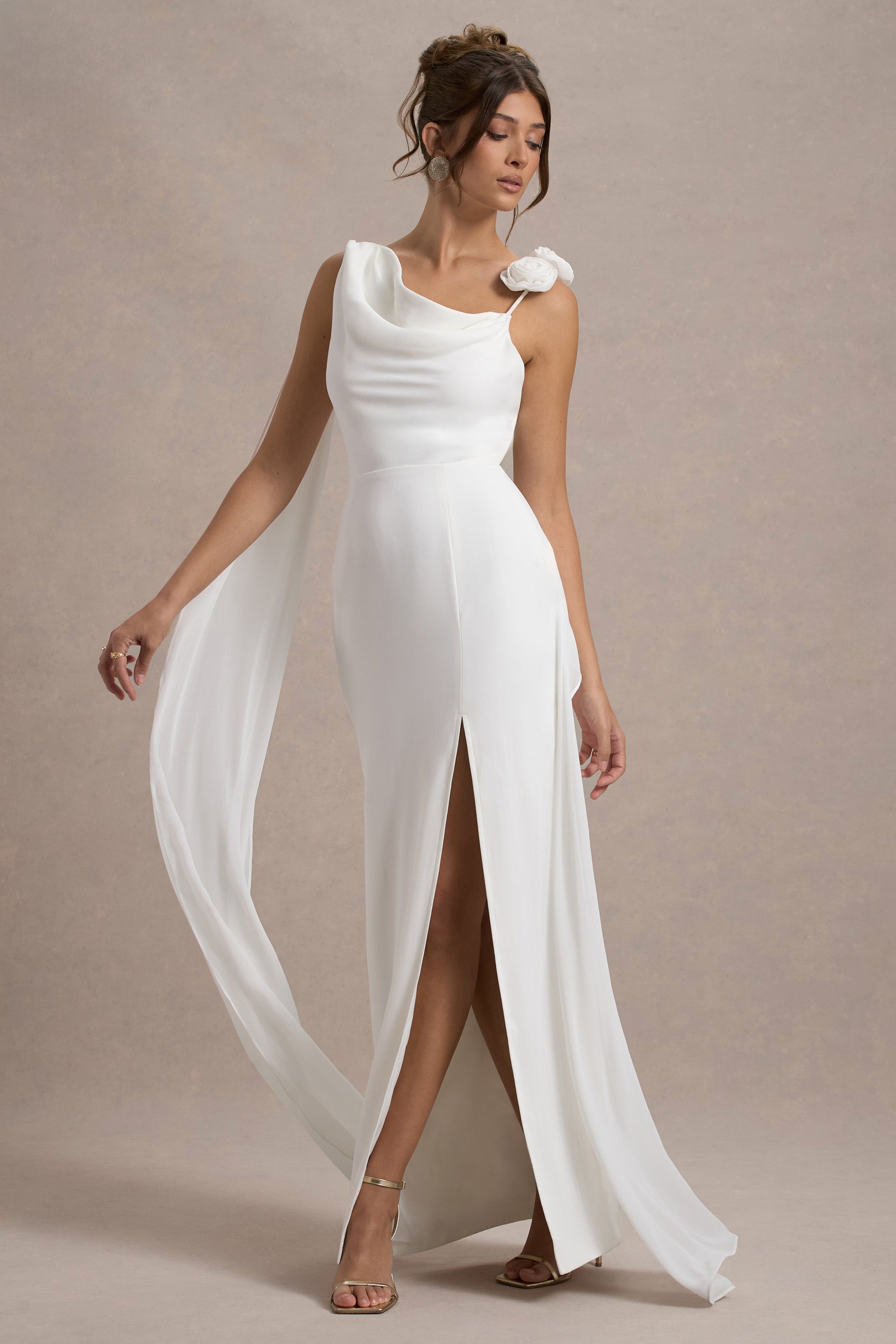 Angeline White Chiffon Draped Split Maxi Dress With Corsages