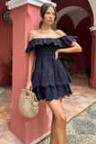 Explorer Black Broderie Ruffled Bardot Mini Dress