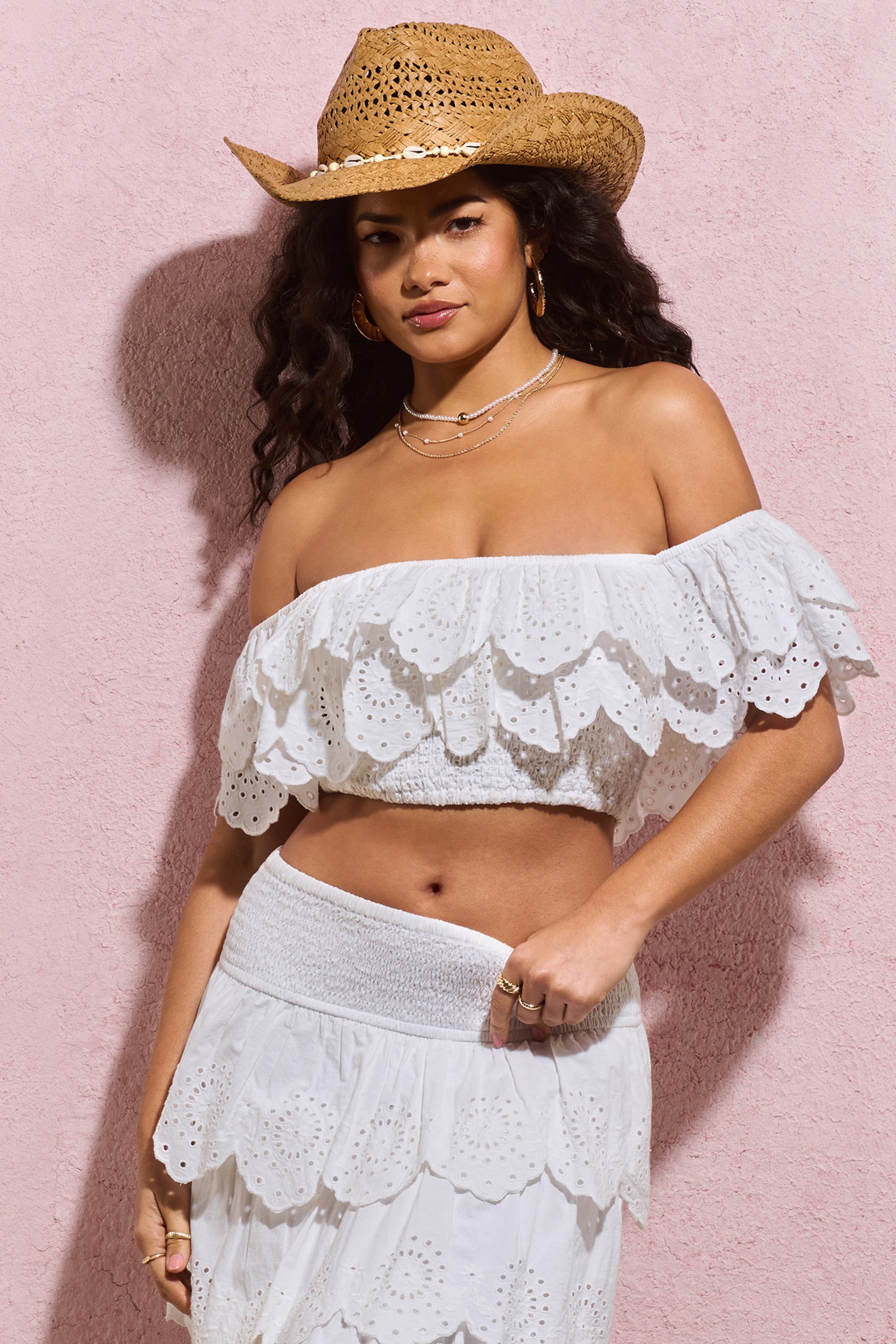 Breathtaking White Broderie Ruffled Bardot Crop Top