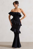 Cinematic Black Bardot Ruffled Fishtail Maxi Dress