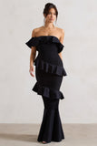 Cinematic Black Bardot Ruffled Fishtail Maxi Dress