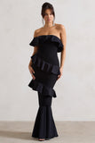 Cinematic Black Bardot Ruffled Fishtail Maxi Dress