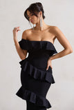 Cinematic Black Bardot Ruffled Fishtail Maxi Dress