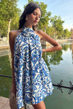 Naples Blue Porcelain Print Halter-Neck Mini Dress With Corsage