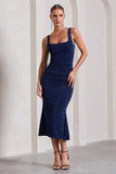 Evora Navy Ruched Square-Neck Midi Dress