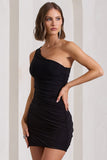 Onyx Black Ruched One Shoulder Mini Dress