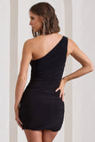 Onyx Black Ruched One Shoulder Mini Dress