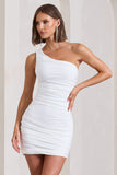 Onyx White Ruched One Shoulder Mini Dress