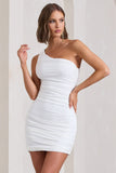 Onyx White Ruched One Shoulder Mini Dress