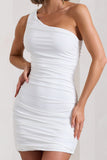 Onyx White Ruched One Shoulder Mini Dress