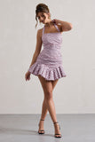 Zahra Pink & Black Polka Dot Halter-Neck Ruched Mini Dress With Ruffle Hem