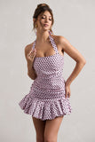 Zahra Pink & Black Polka Dot Halter-Neck Ruched Mini Dress With Ruffle Hem