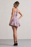 Zahra Pink & Black Polka Dot Halter-Neck Ruched Mini Dress With Ruffle Hem