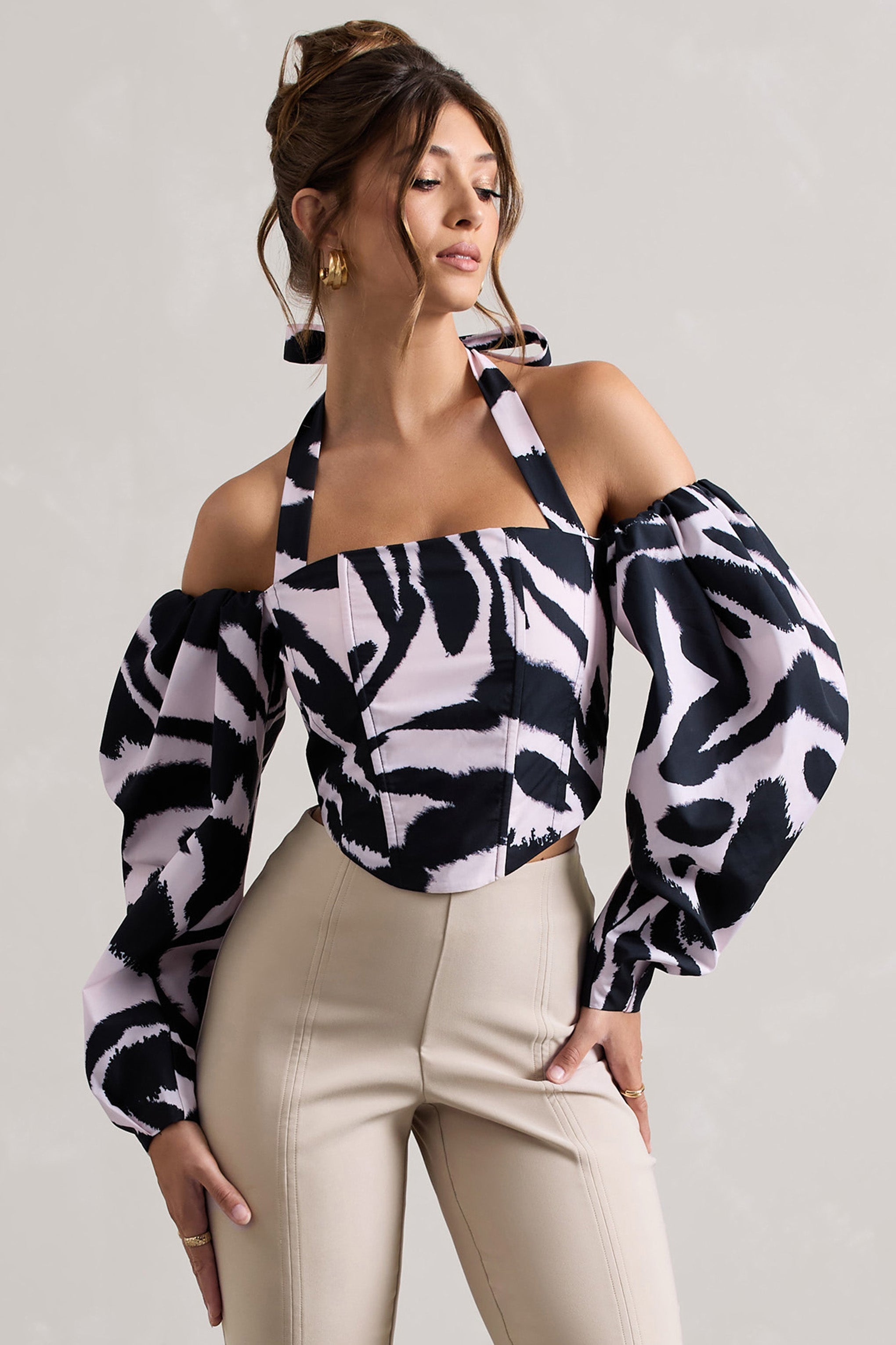 Theatric Zebra Print Halter-Neck Corset Top With Puff-Sleeves