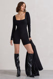 Kayleigh Black Square-Neck Long-Sleeve Playsuit