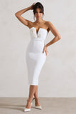 Fanciful White Bodycon V-Neck Midi Dress With Flowers