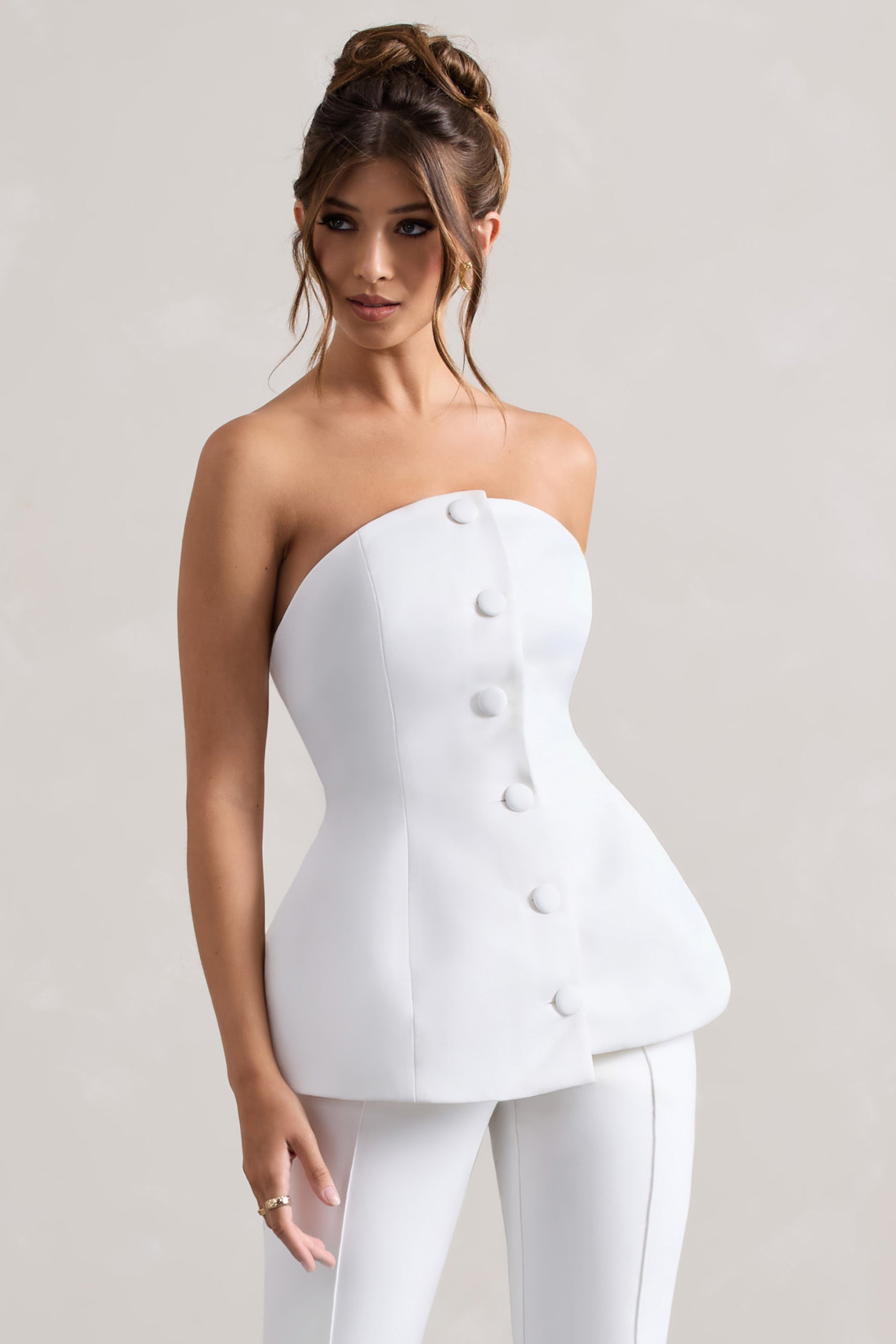 Century Cream Satin Strapless Button Front Corset Top