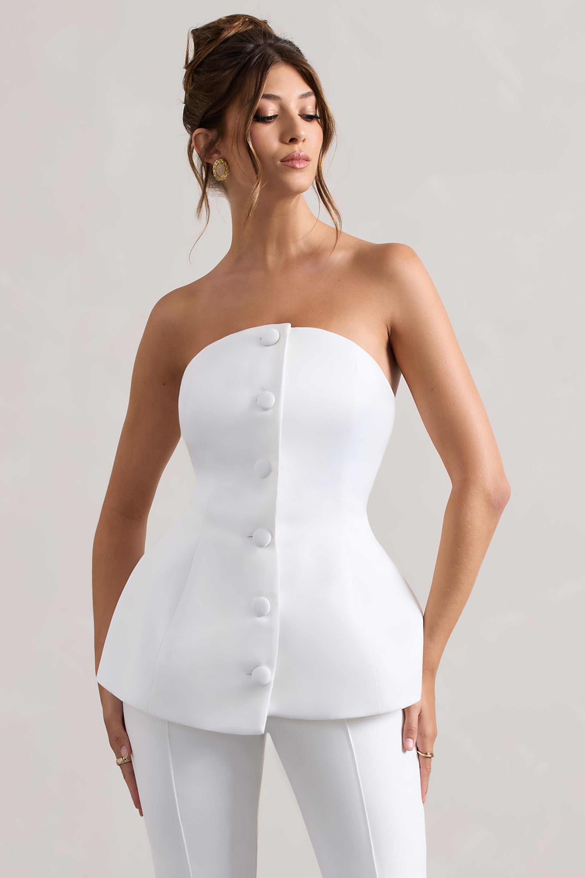 Century Cream Satin Strapless Button Front Corset Top