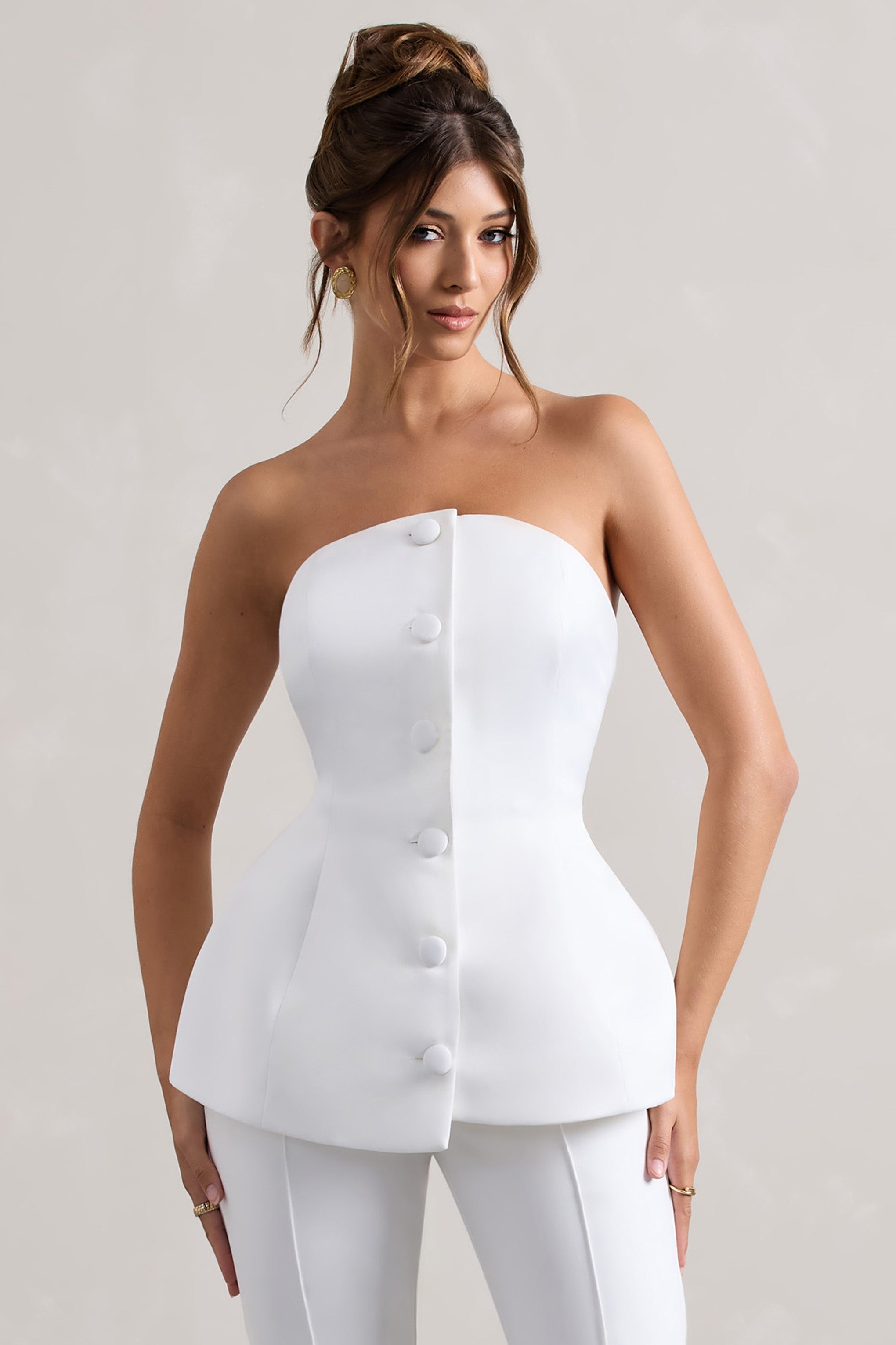 Century Cream Satin Strapless Button Front Corset Top