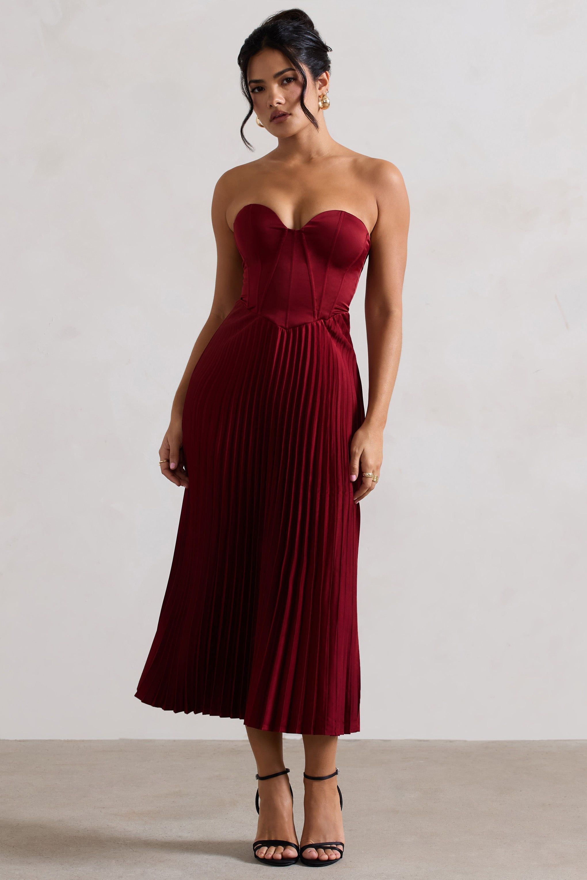 Bordeaux Berry Satin Corset Style Midi Dress