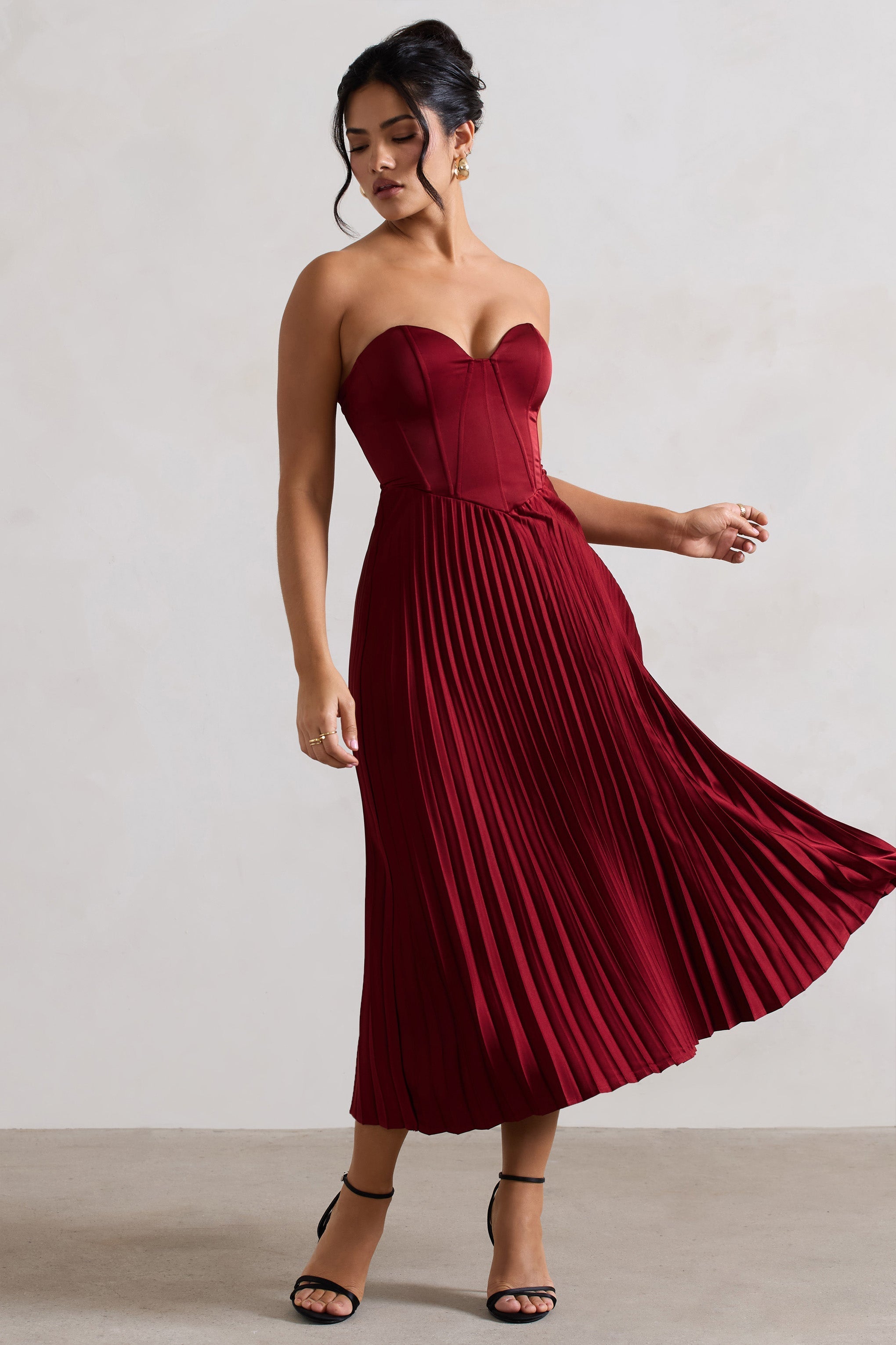 Bordeaux Berry Satin Corset Style Midi Dress